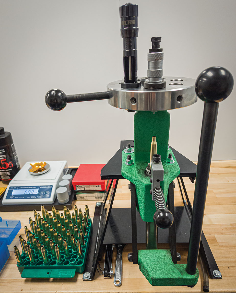 A Redding T-7 Reloading Press with a Creedmoor Sports Enhanced Turret Press Head installed was used to size all cases and seat bullets.